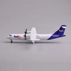 Side profile of the FedEx ATR 72-600 model with landing gear down and purple tail