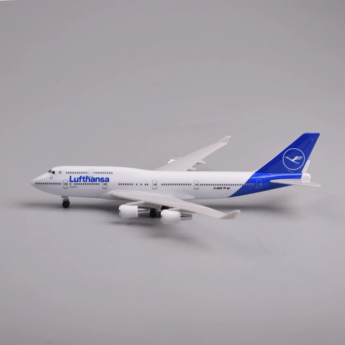 Side profile of the Lufthansa 747-400 scale model in white and blue livery