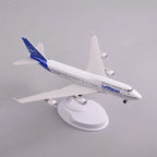 Lufthansa 747-400 airliner model on its display stand, front three-quarter view