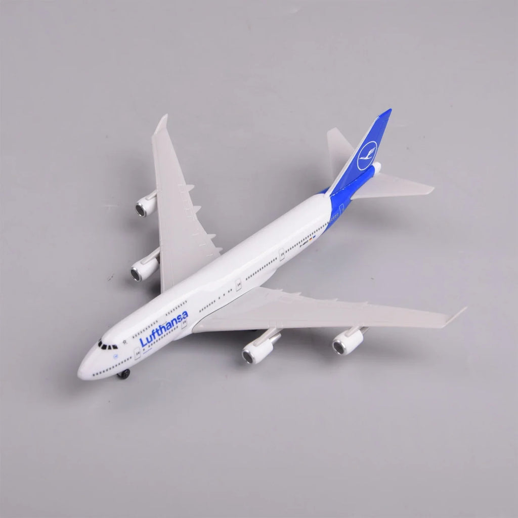Lufthansa 747-400 model, high view showing the wings and four engines
