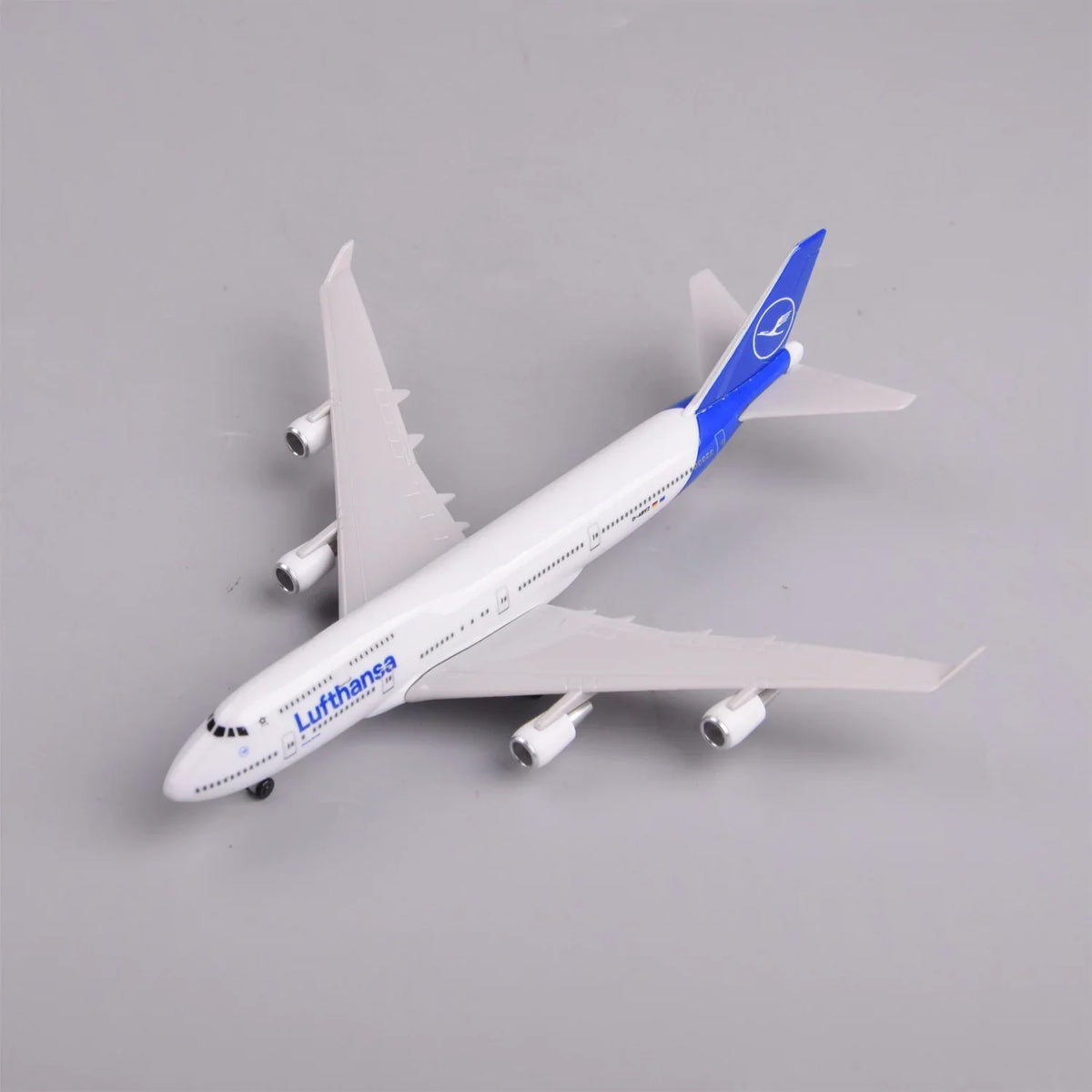 Lufthansa 747-400 model, high view showing the wings and four engines