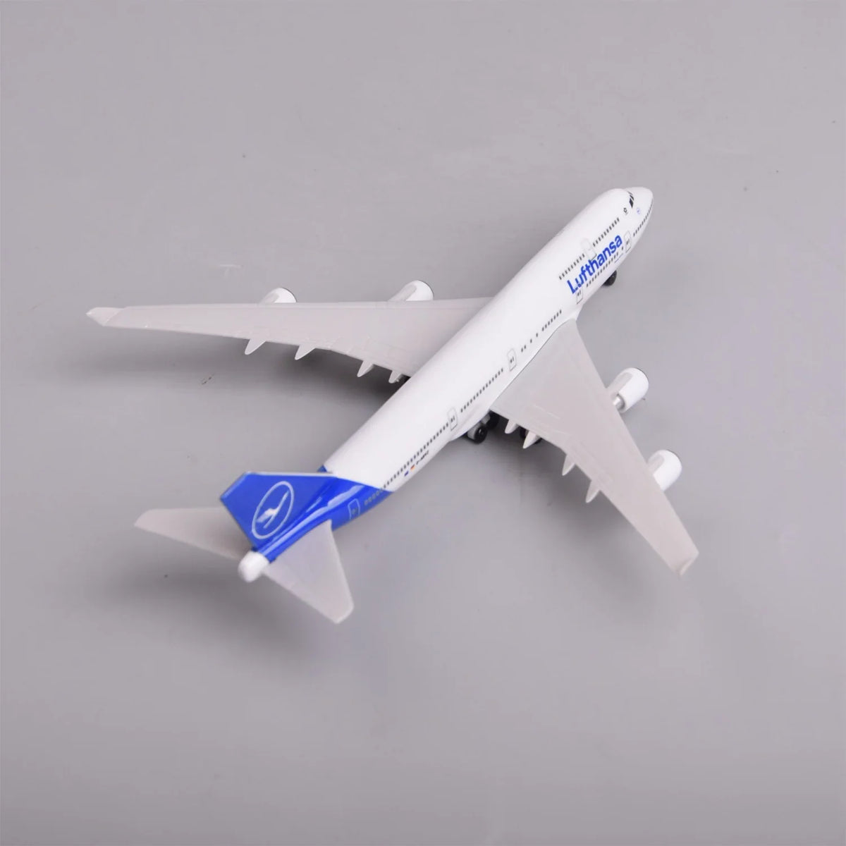 Lufthansa 747-400 model, high rear view showing the blue tail
