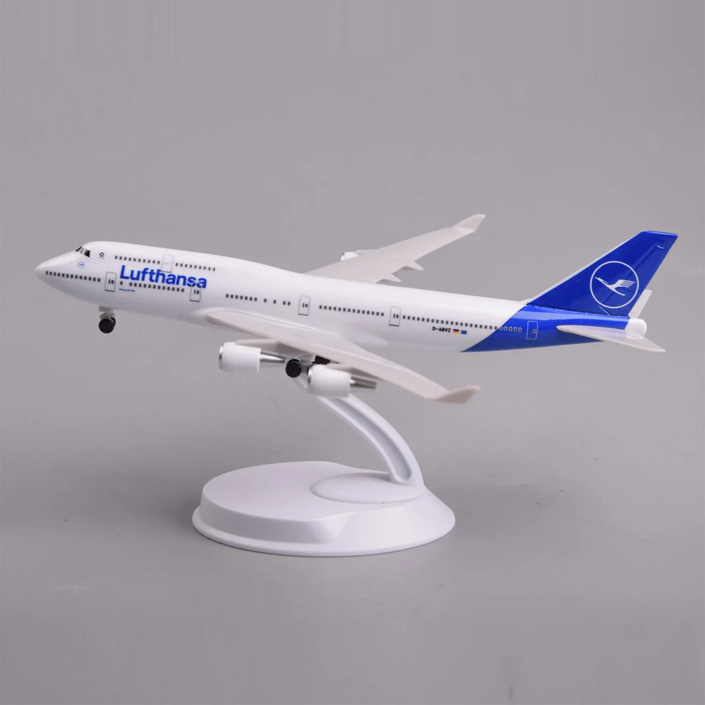 Lufthansa 747-400 model plane on its display stand, side view
