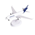 Lufthansa Cargo MD-11 8-inch resin scale model on its white display stand, on white background