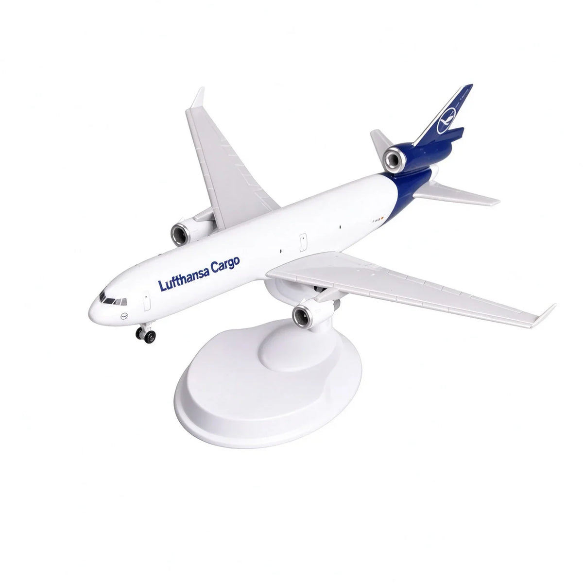 Lufthansa Cargo MD-11 8-inch resin scale model on its white display stand, on white background