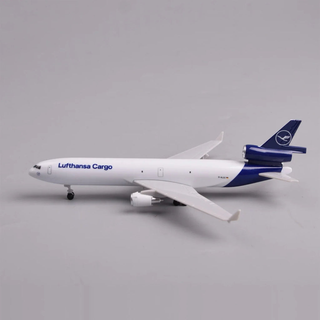 Side profile of the Lufthansa Cargo MD-11 model with landing gear down and navy tail