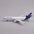 Side profile of the Lufthansa Cargo MD-11 model with landing gear down and navy tail