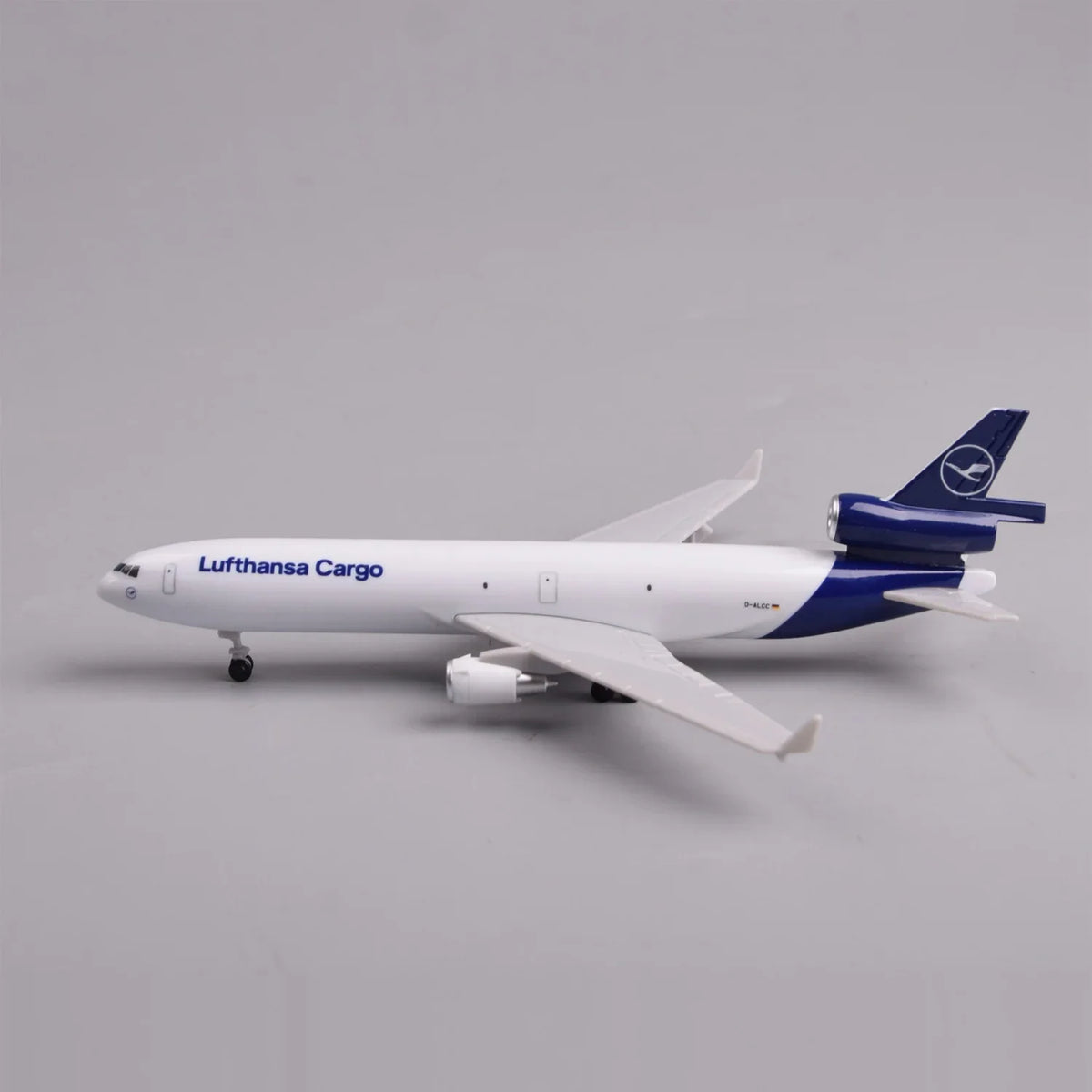 Side profile of the Lufthansa Cargo MD-11 model with landing gear down and navy tail