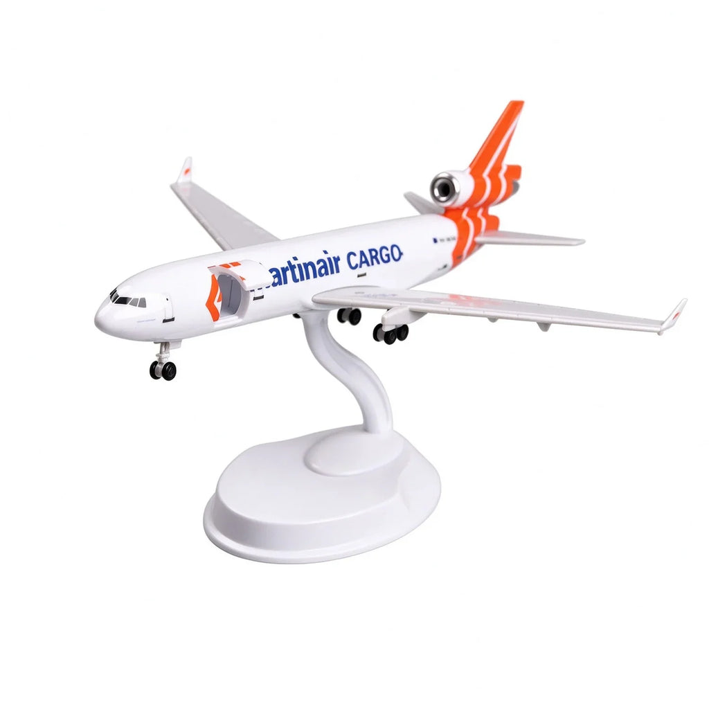 Martinair Cargo MD-11 8-inch resin scale model on its white display stand with orange tail, on white background