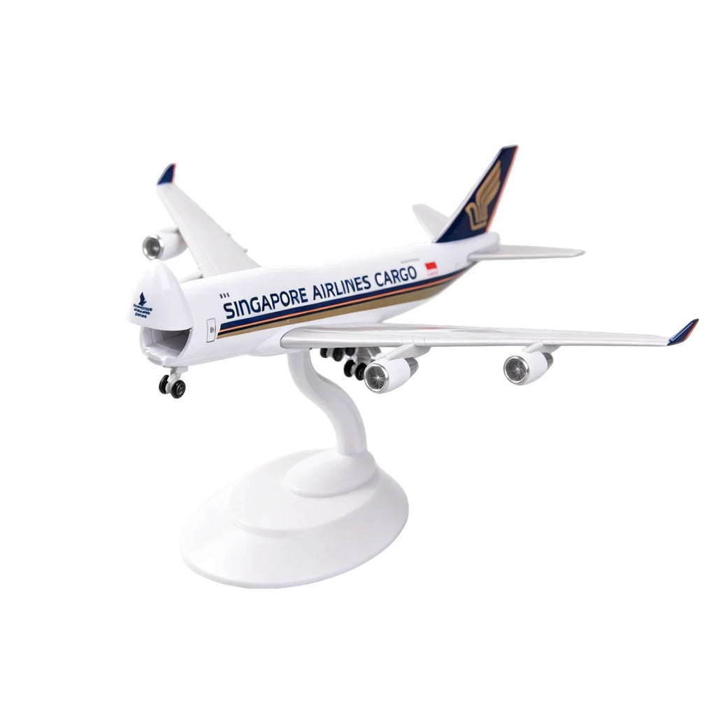 Singapore Airlines Cargo 747-400 freighter scale model, 8-inch resin jumbo on white display stand, front three-quarter view on white background