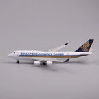 Side profile of the Singapore Airlines Cargo 747-400 scale model in navy and gold livery