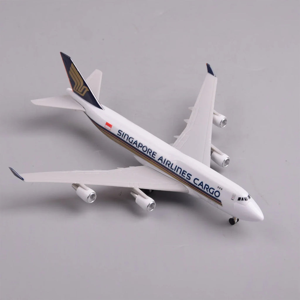 Singapore Airlines Cargo 747 freighter model, high view showing the wings and four engines