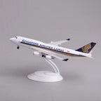 Singapore Airlines Cargo 747-400 model plane on its display stand, front three-quarter view