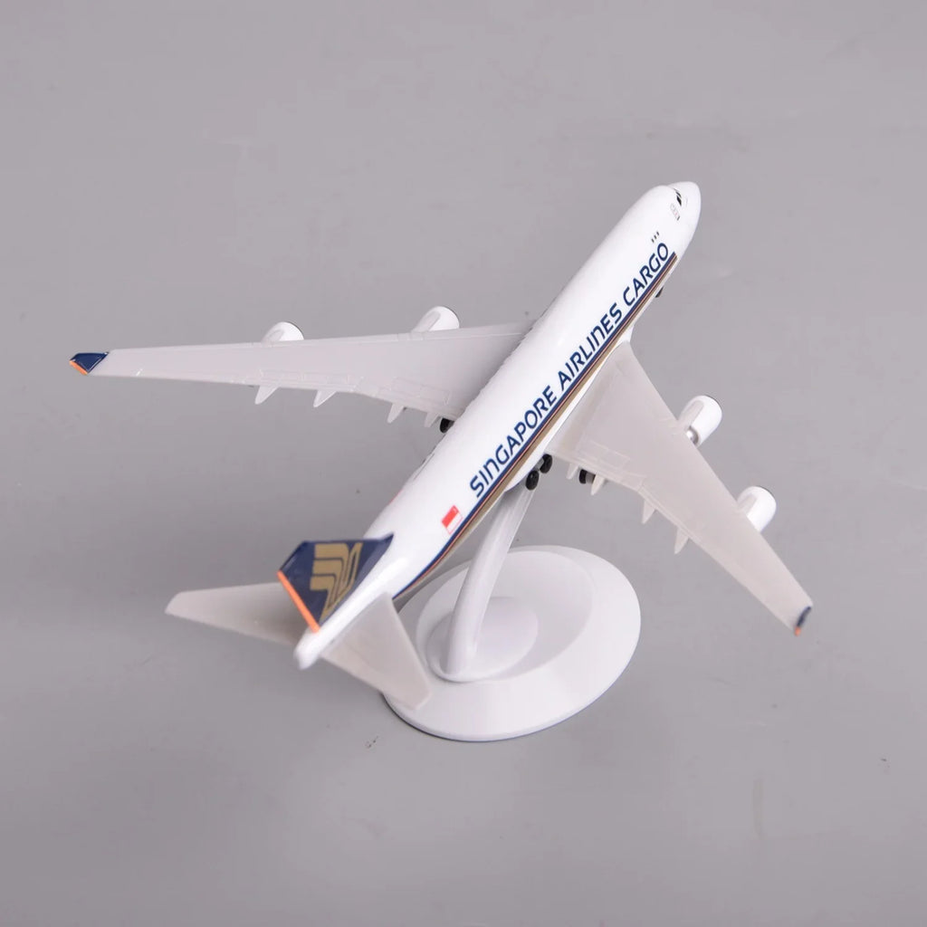 Singapore Airlines Cargo 747 model on its display stand, high rear view showing the tail and swept wings