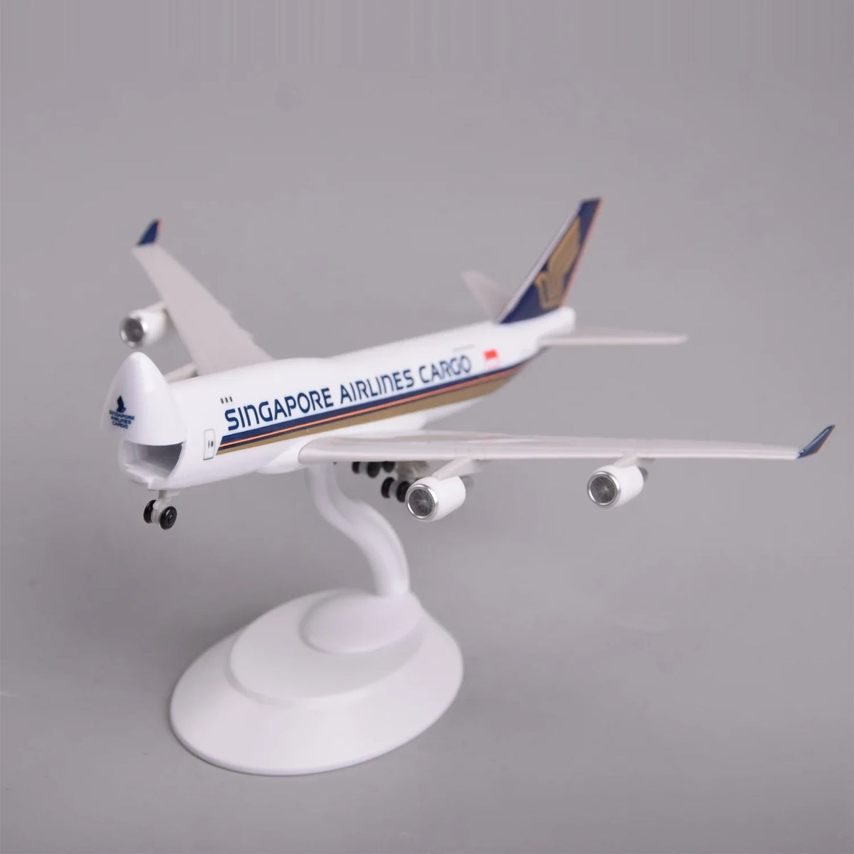 Singapore Airlines Cargo 747 model, Opening Nose Cargo Door version, on its display stand