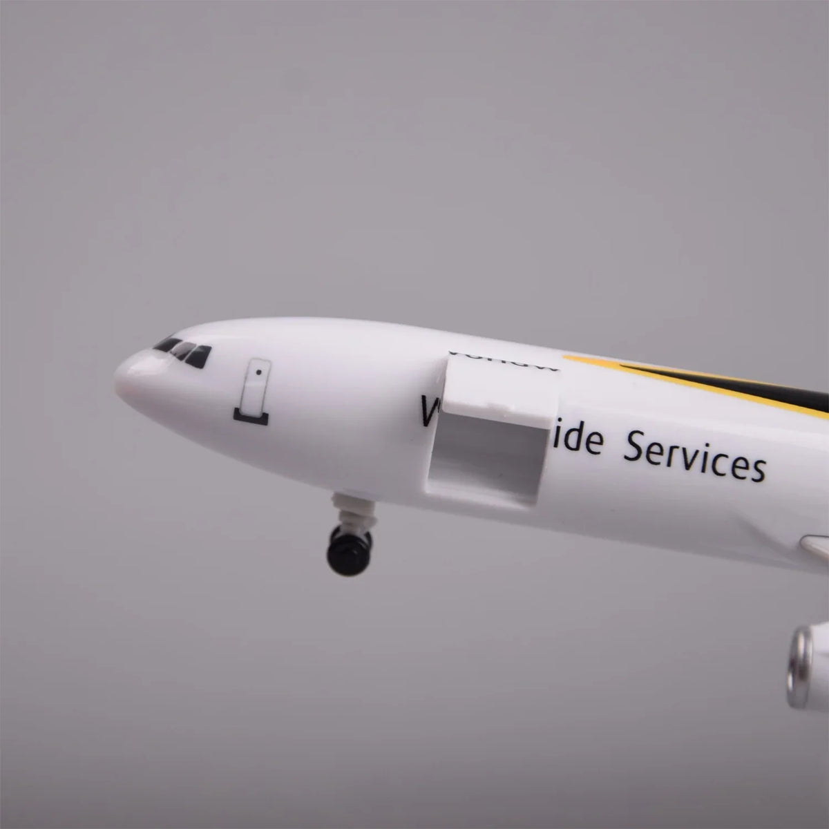 Close-up of the UPS MD-11 model nose with the main-deck cargo door open