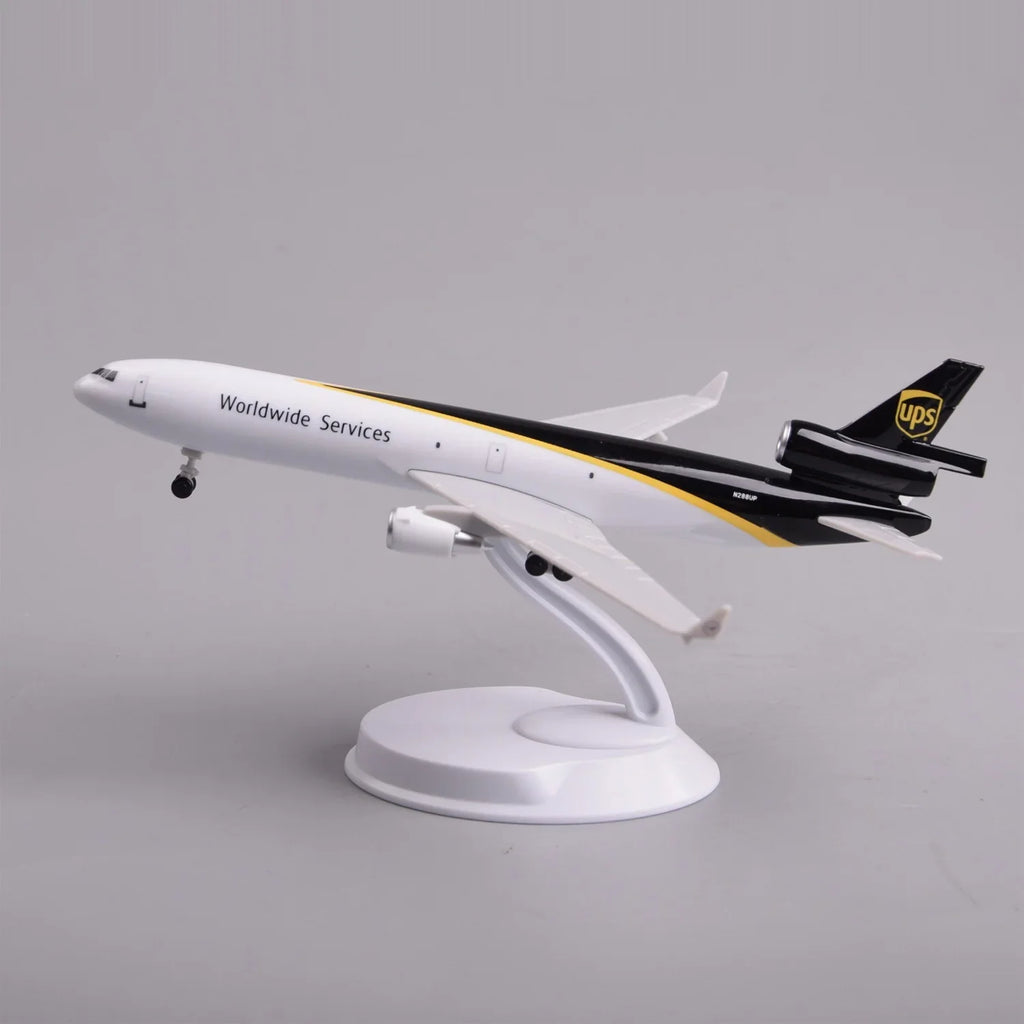 UPS MD-11 model, Fixed Door version, with a closed fuselage on its display stand